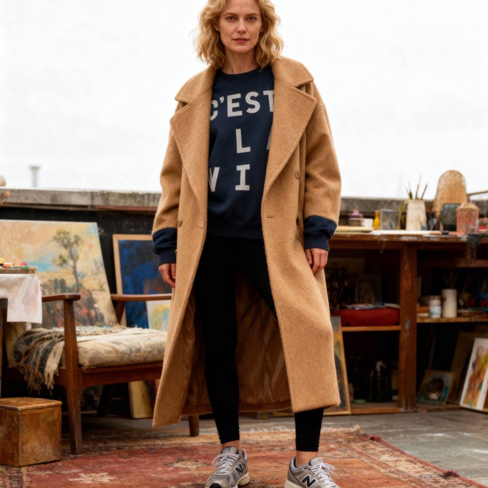 Woman with wavy hair, wearing oversized C'est La Vie sweatshirt in navy, with with a wool overcoat leggings and trainers, standing on a rug at an antique sale. 