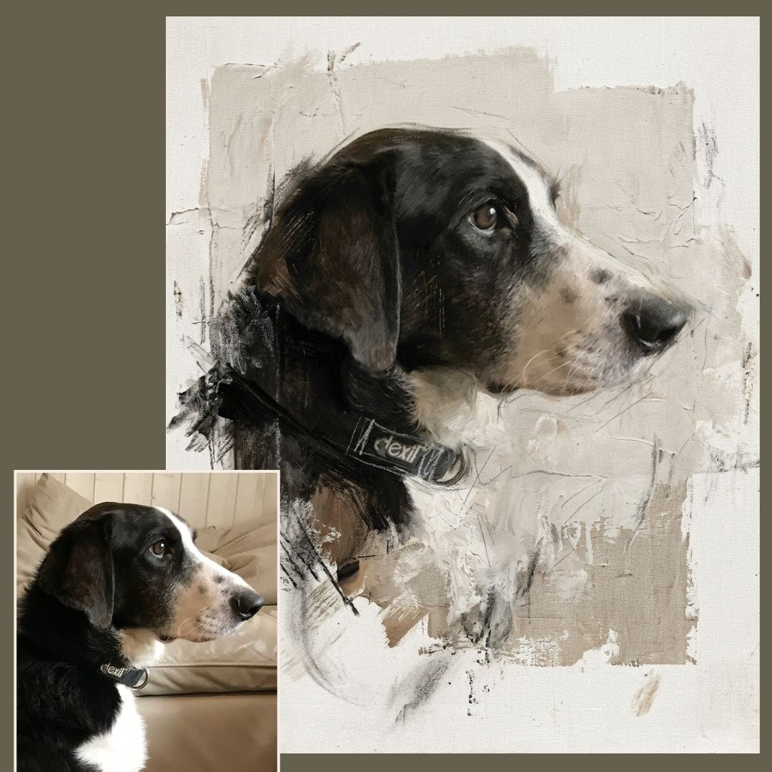 Painted dog portrait with before and after photo, soft painterly finish