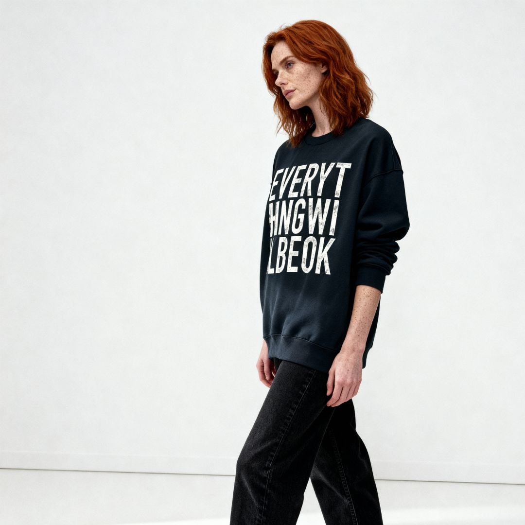 Auburn haired model with freckles, in minimal studio wearing oversized black sweatshirt with bold white typographic design "Everything will be ok"  side on shot of sweatshirt. 
