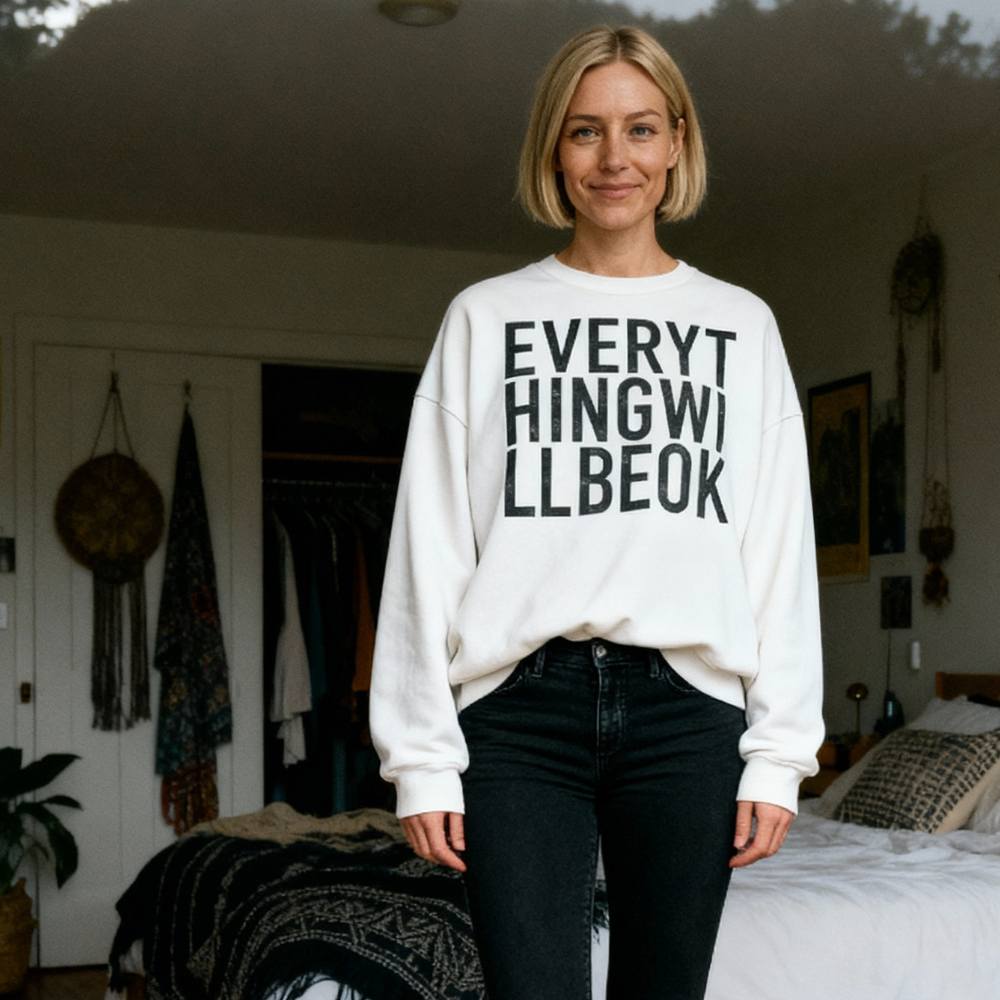 Blonde girl wearing 'Everything will be Ok' ivory sweatshirt, in her bohemium bedroom