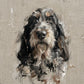 Painted pet portrait of a dog, muted neutral palette, oil painting style