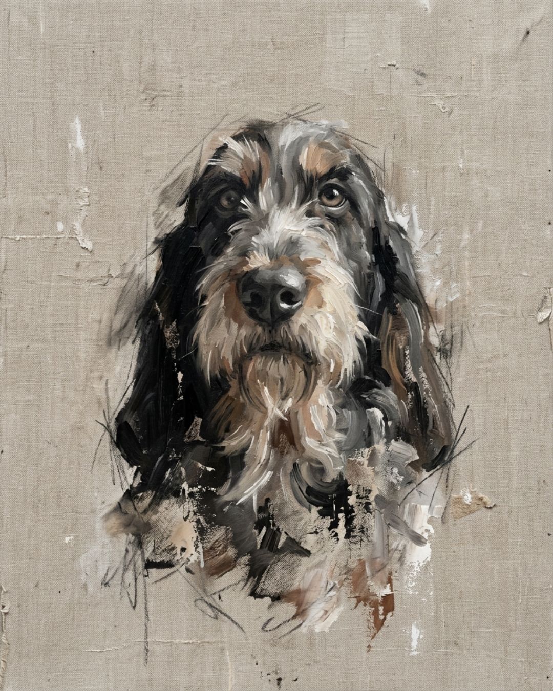 Painted pet portrait of a dog, muted neutral palette, oil painting style