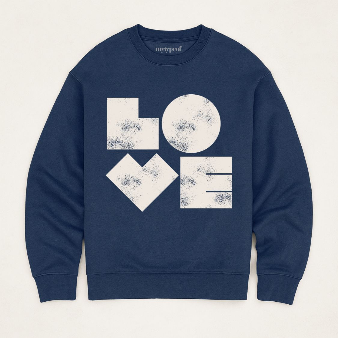 Navy unisex sweatshirt with bold graphic LOVE printed in off white, flat lay shot in minimal studio. 