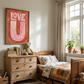 Love U oil painted on canvas, framed in childrens bedroom. 