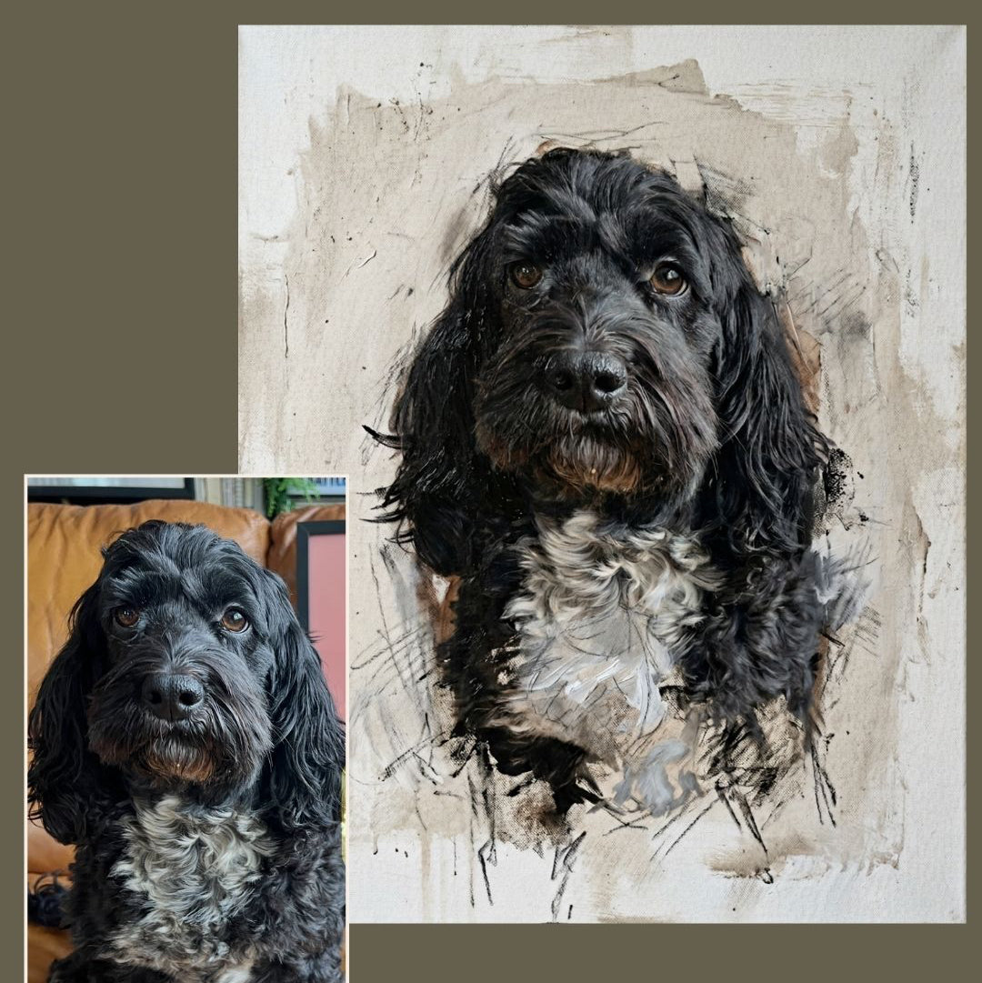 Painted dog portrait with before and after comparison photo