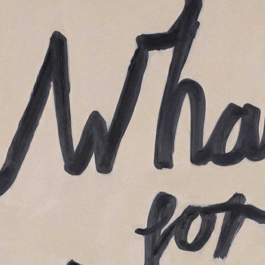 Close up shot of the oil paint texture on the "What's for pudding?" stone and black print. 