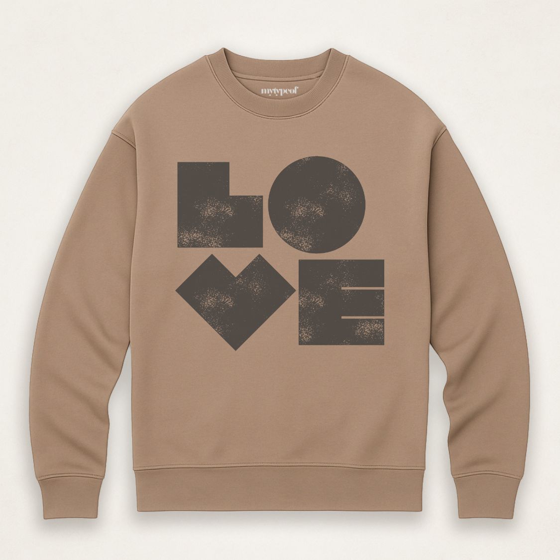 Driftwood colour unisex sweatshirt with bold graphic LOVE printed in charcoal, flatly shot in minimal studio. 