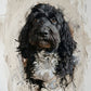Painted pet portrait of a cockapoo dog, muted oil painting style