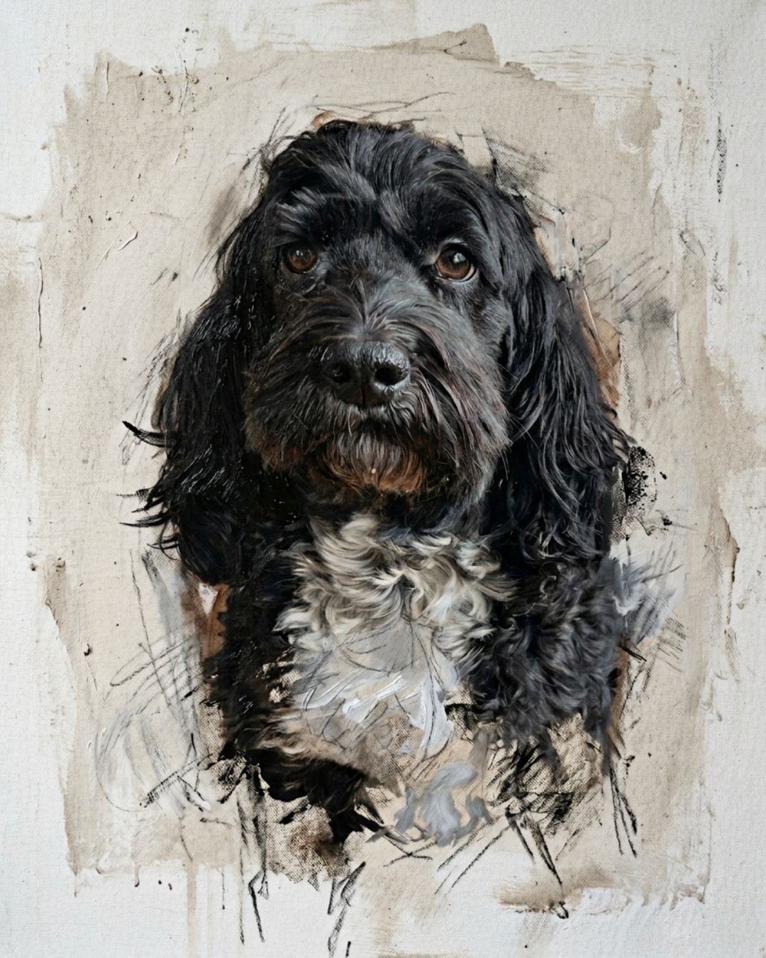 Painted pet portrait of a cockapoo dog, muted oil painting style