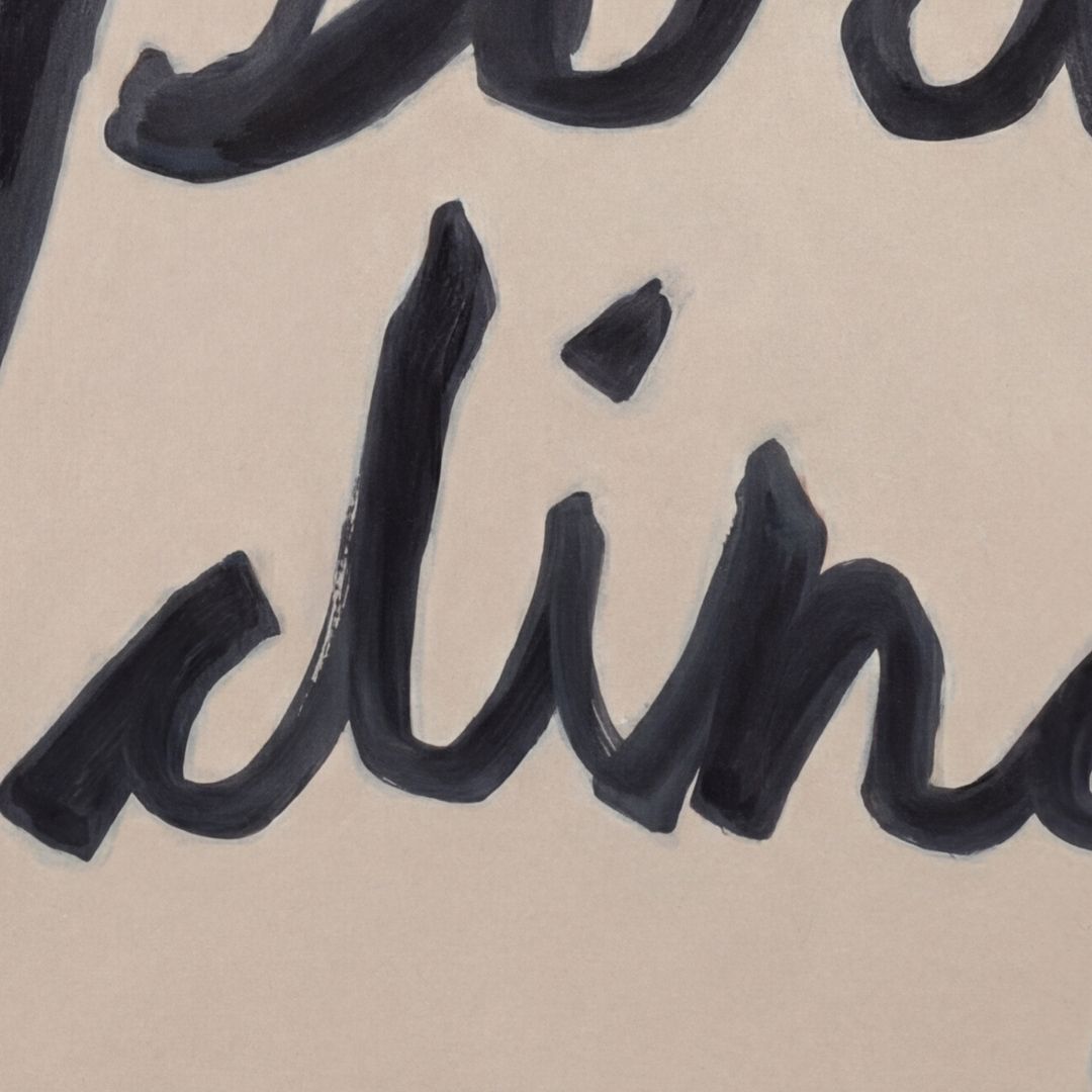 Close up shot of the oil paint texture on the "What's for pudding?" stone and black print. 