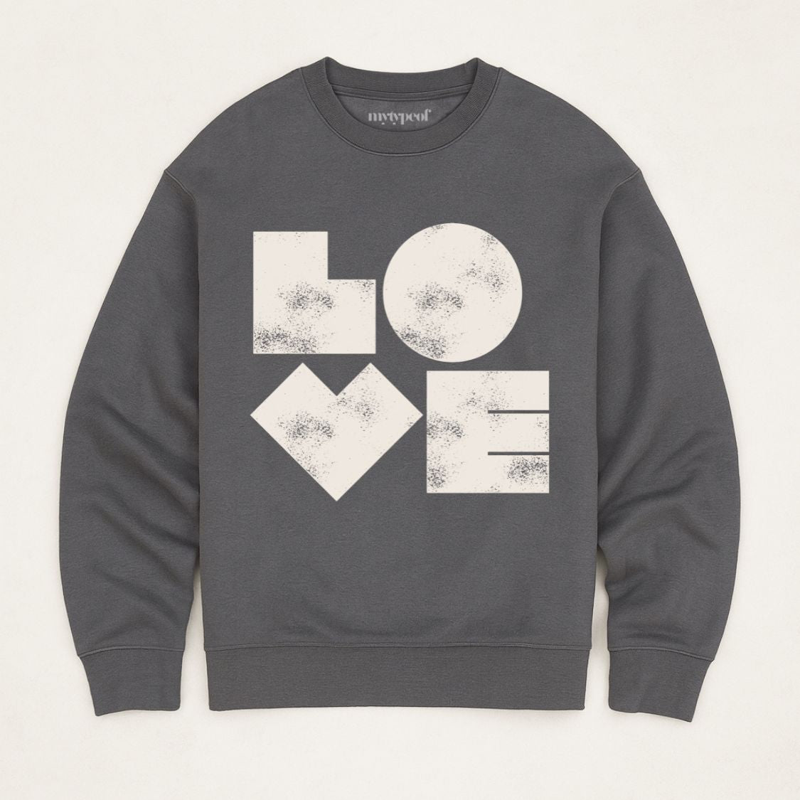 Iron Grey  unisex sweatshirt with bold graphic LOVE printed in off white, flat lay shot in minimal studio. 