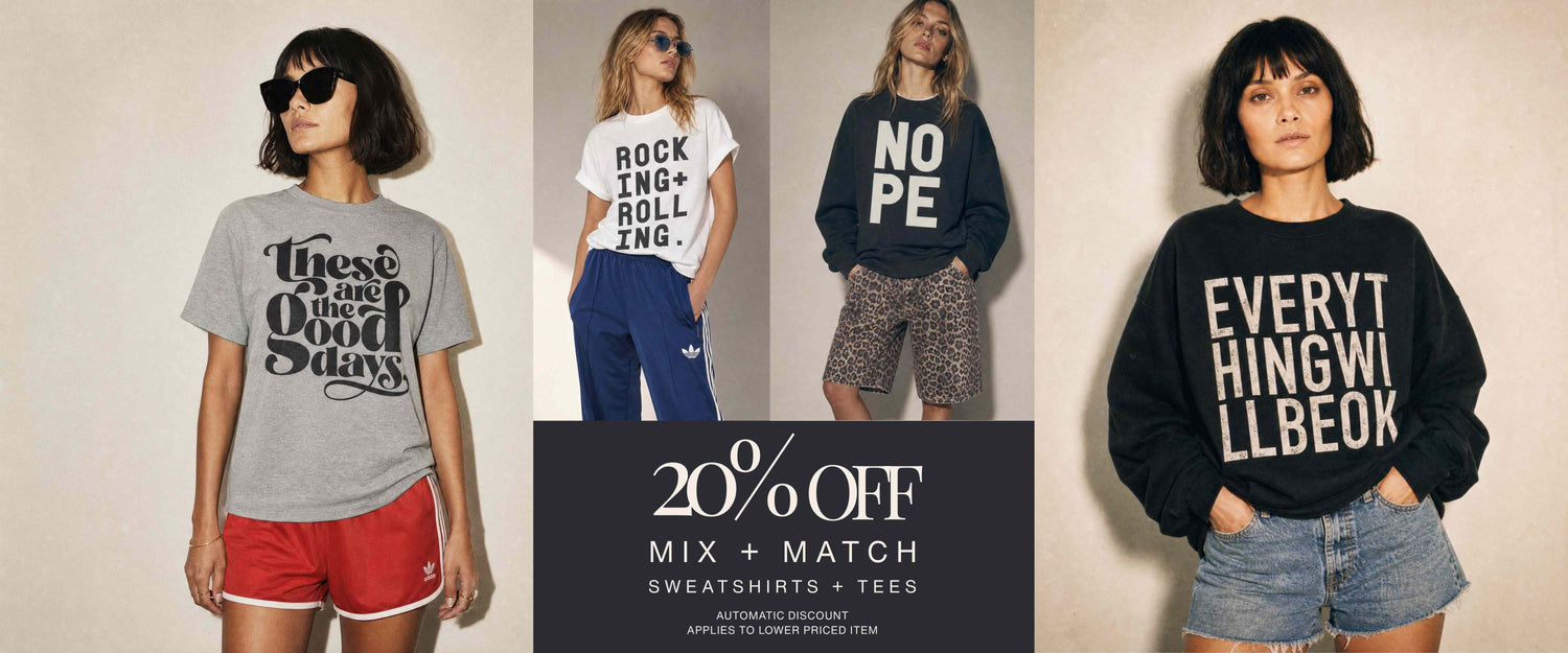 Burnt Peach Studio 20% off mix and match sweatshirts and tees. Models wearing These Are The Good Days, Rocking + Rolling, NOPE and Everything Will Be OK designs. Automatic discount applies to lower priced item.