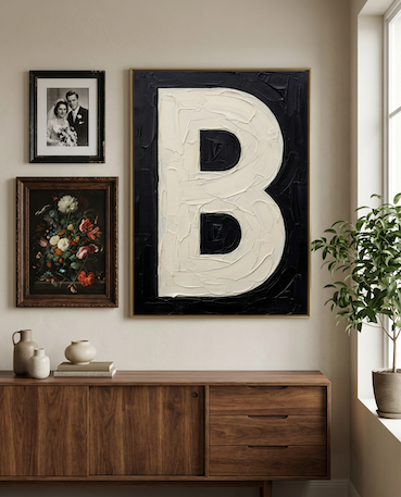 Letter B oil paint art print framed in styled in mid cetury interior