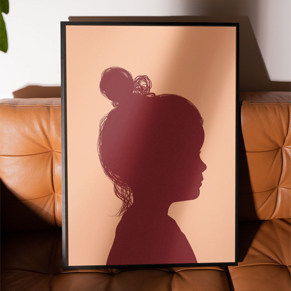 Portrait inspired by 'Pantone Colour Of The Year' 2024 Peach Fuzz, styled on a brown leather sofa 