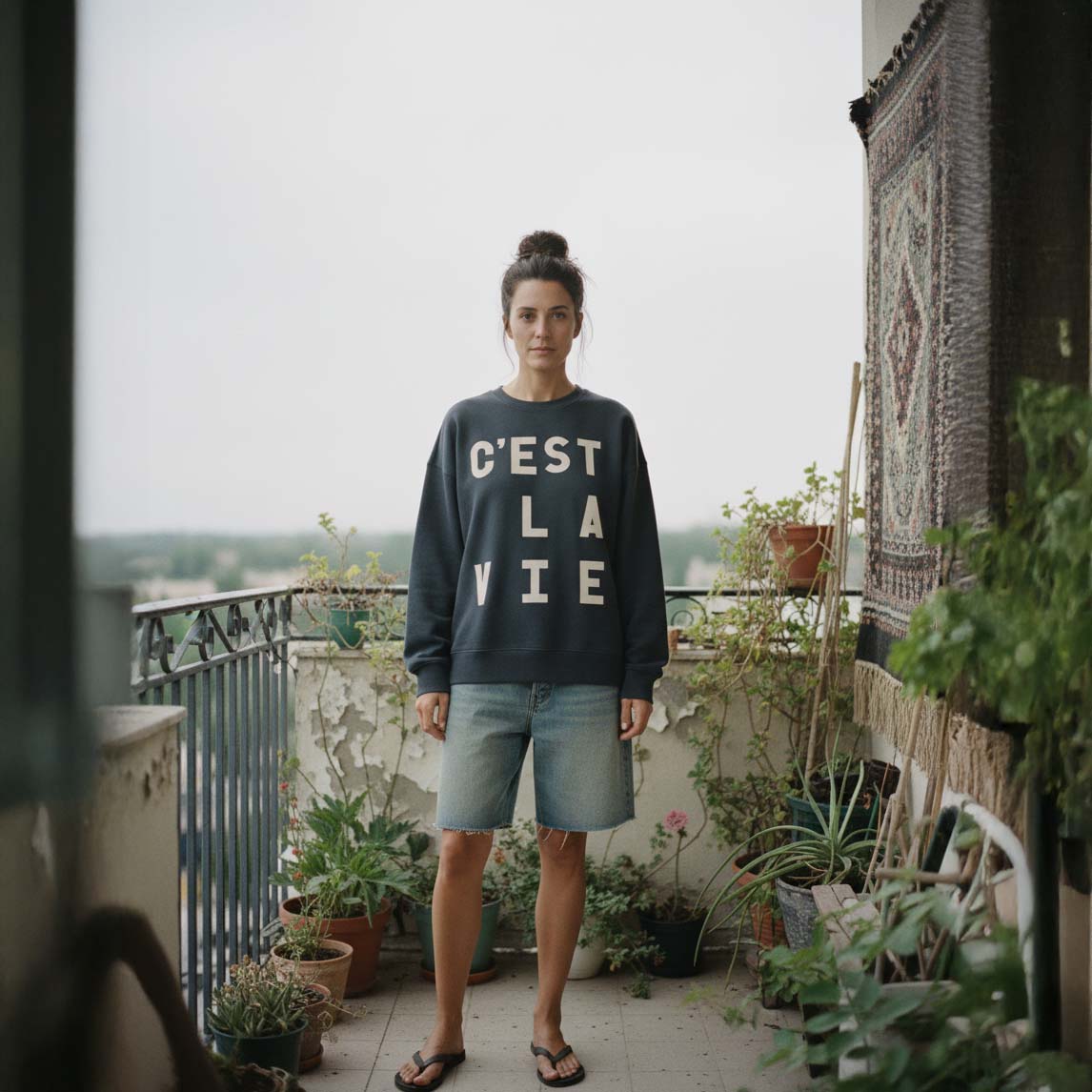 Woman with hair in bun, wearing oversized C'est La Vie sweatshirt, with shorts and flip flops, standing on a bohemian styled balcony. 