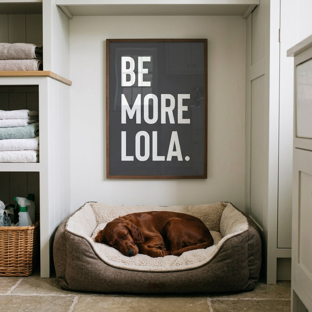 Be More Lola, customisable name print, framed and hanging above a puppy dog bed in a utility room. 