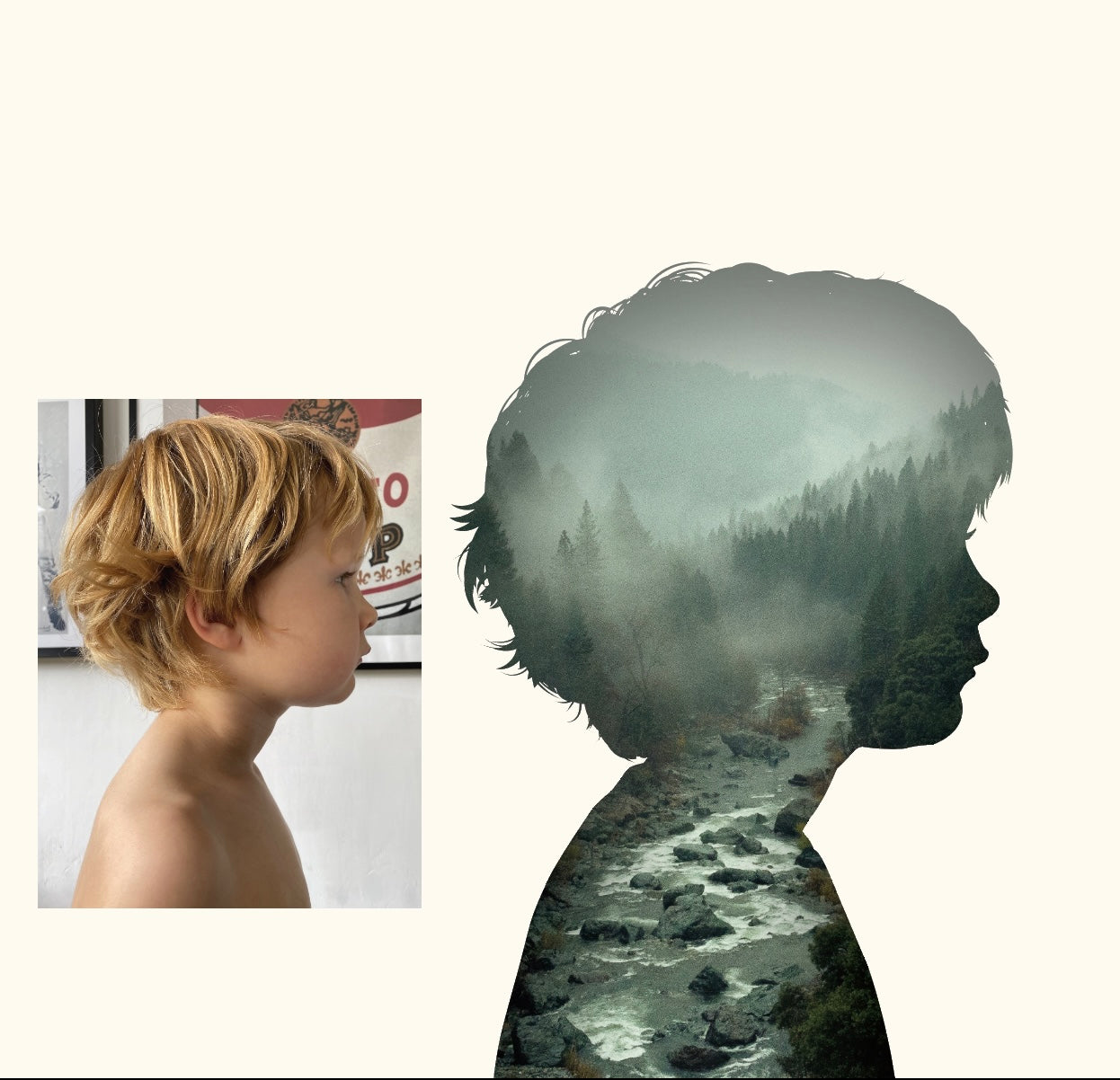 Before and after image of a little boy and his silhouette portrait filled with a landscape image, by burntpeach.co.uk 