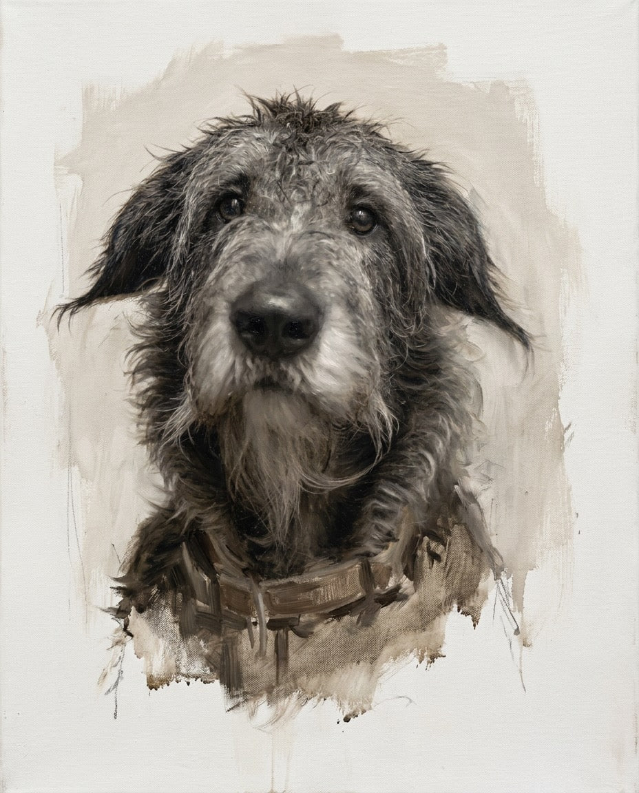 Painted pet portrait of a Irish wolfhound , muted neutral palette, oil painting style
