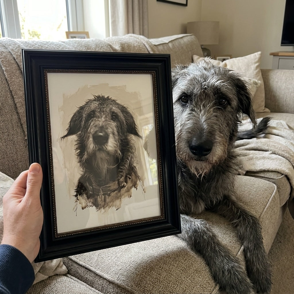 Custom painted pet portrait of an Irish Wolfhound displayed next to the real dog on a sofa, bespoke digital dog portrait by Burnt Peach Studio's Painted Pets collection.