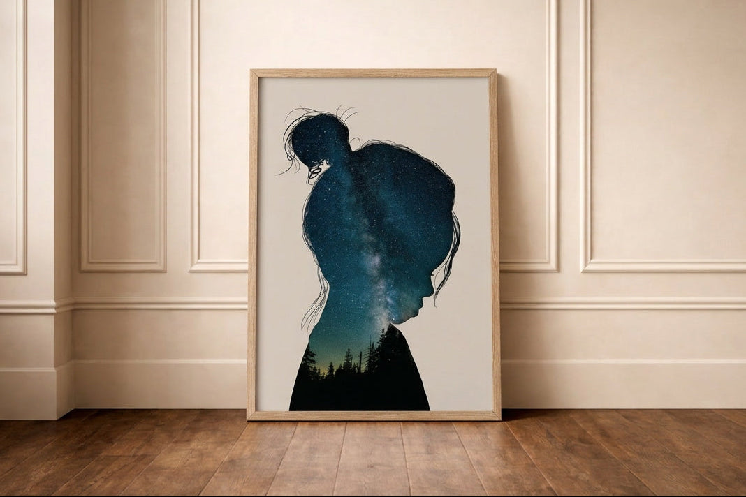 silhouette Portrait  of a little girl, head looking down. The portrait is filled with a stary night scene. The frame is leaning against a panelled wall. 