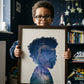 Little boys with glasses, holding his silhouette portrait filled with stars, standing in a space themed bedroom 