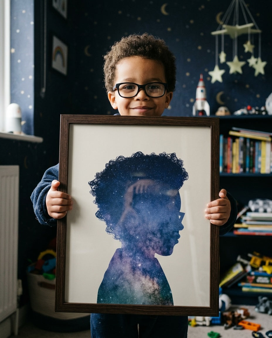 Little boys with glasses, holding his silhouette portrait filled with stars, standing in a space themed bedroom 