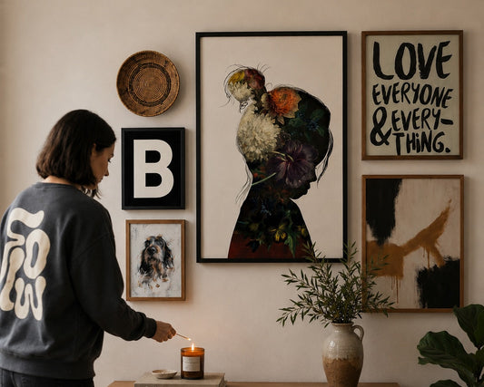 Personalised portrait wall art and typography prints displayed in a modern home above a wooden sideboard, with a woman wearing a Burnt Peach sweatshirt lighting a candle.