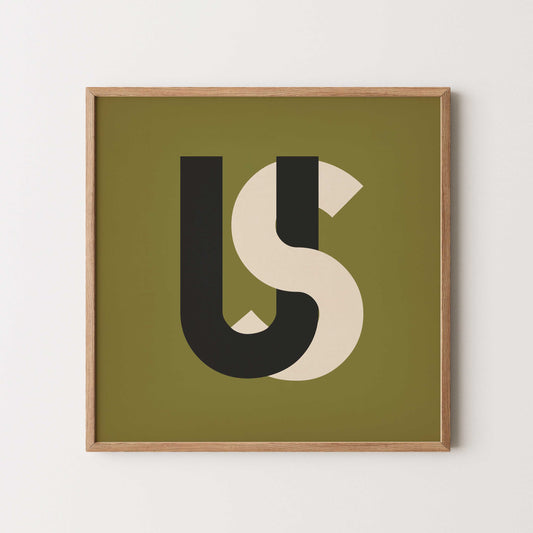 US typographic art print in bold black,  cream and a vintage olive background, midcentury style, modern statement wall art for contemporary family interiors. 