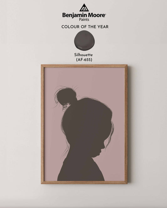 Custom drawn silhouette portrait of little girl, in Benjamin Moore's Colour Of the year Silhouette. A meaningful way to add a trend to your home interiors.
