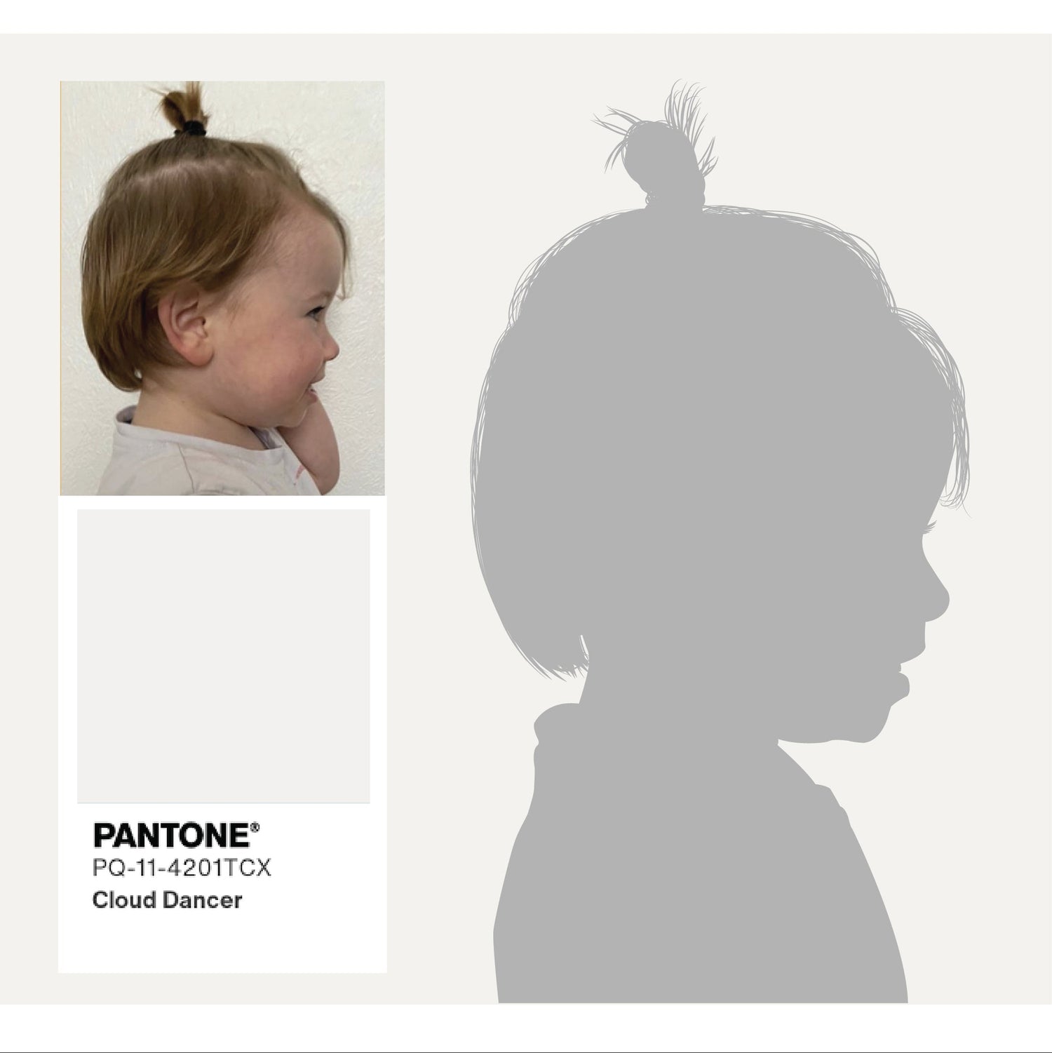 Before and after image of a child and their silhouette portrait in Pantones colour of the year 2026 Cloud Dancer. 
