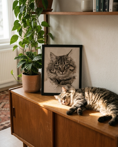 Cat lying on a midcentury sideboard next to custom oil painted portrait of cat framed in black. 