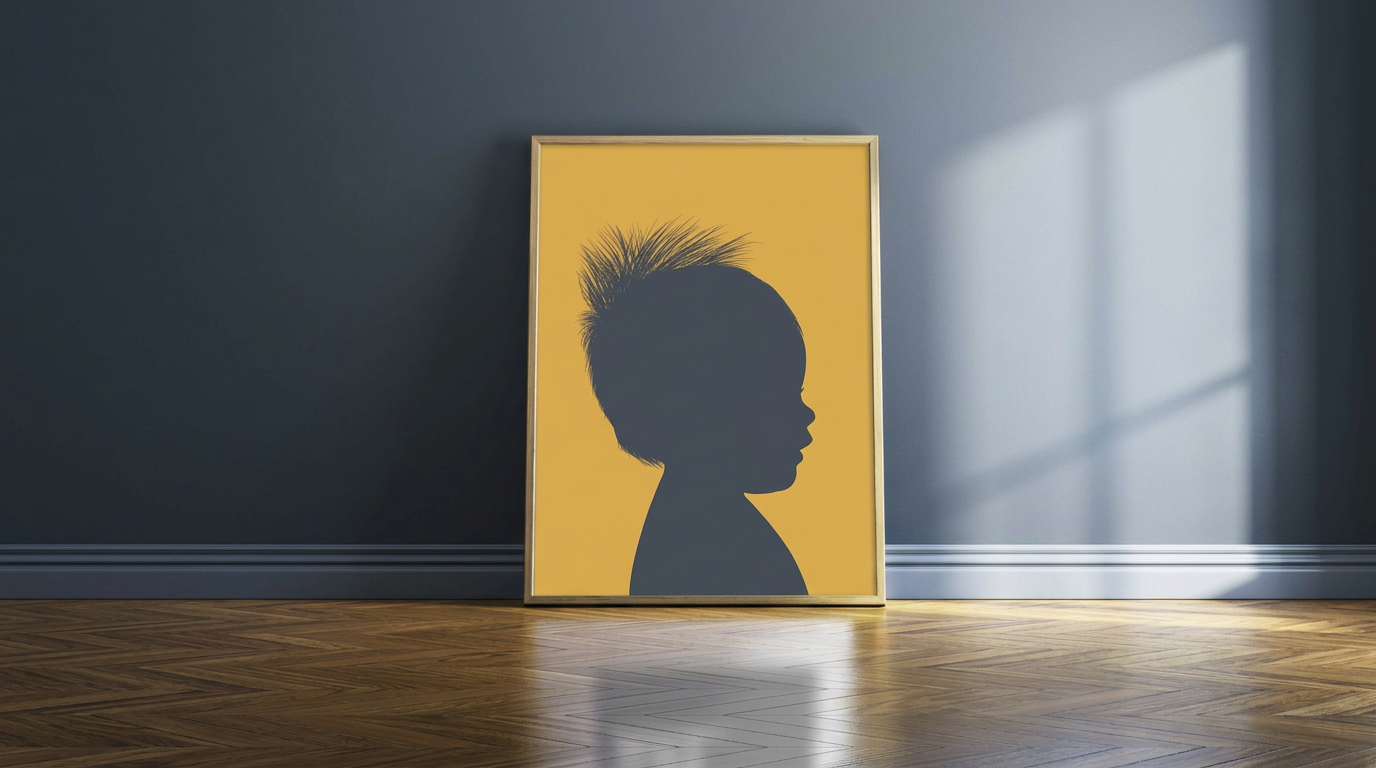 Childs silhouette portrait in mustard and blue colour, framed leaning against a dark blue wall with sunlight shadows. 