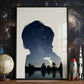 Cosmic themed bedroom, with Childs silhouette portrait created with a celestial background and reflections, styled on a shelf With rockets and globe. 