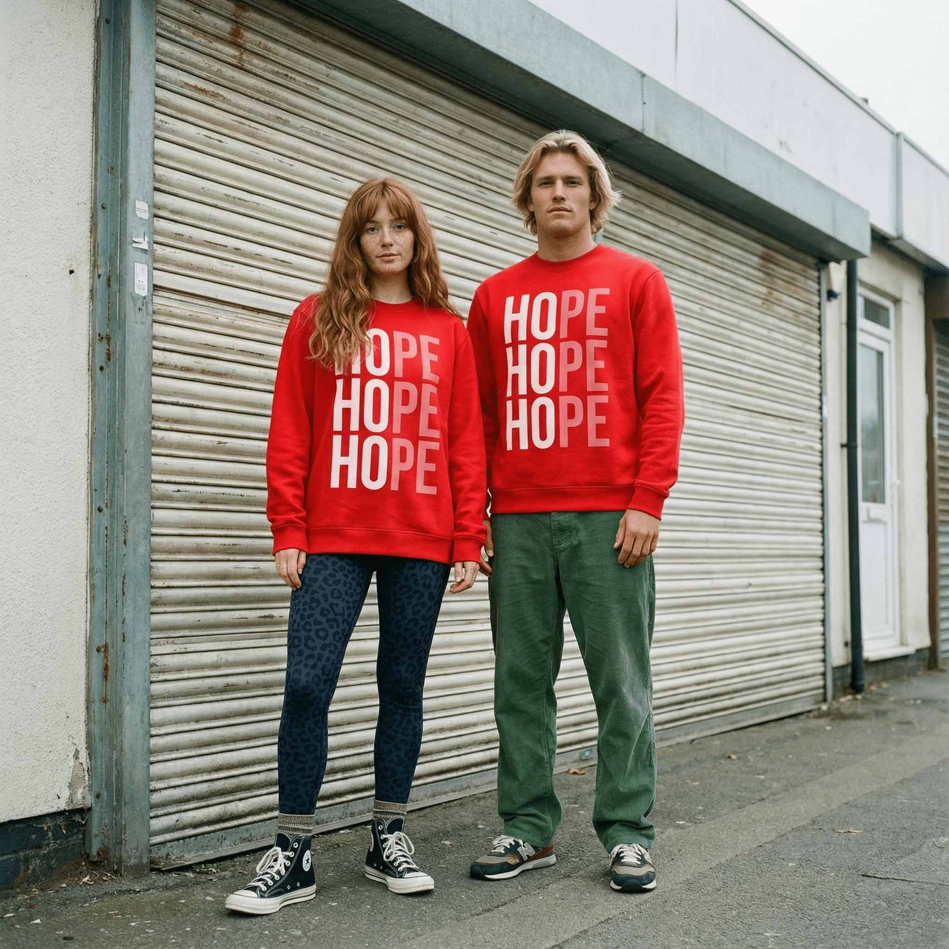 Woman wearing red Hope charity sweatshirt, with leopard leggings and converse. The  man is wearing red Hope sweatshirt and green cords,  standing  infant of a shutter. 