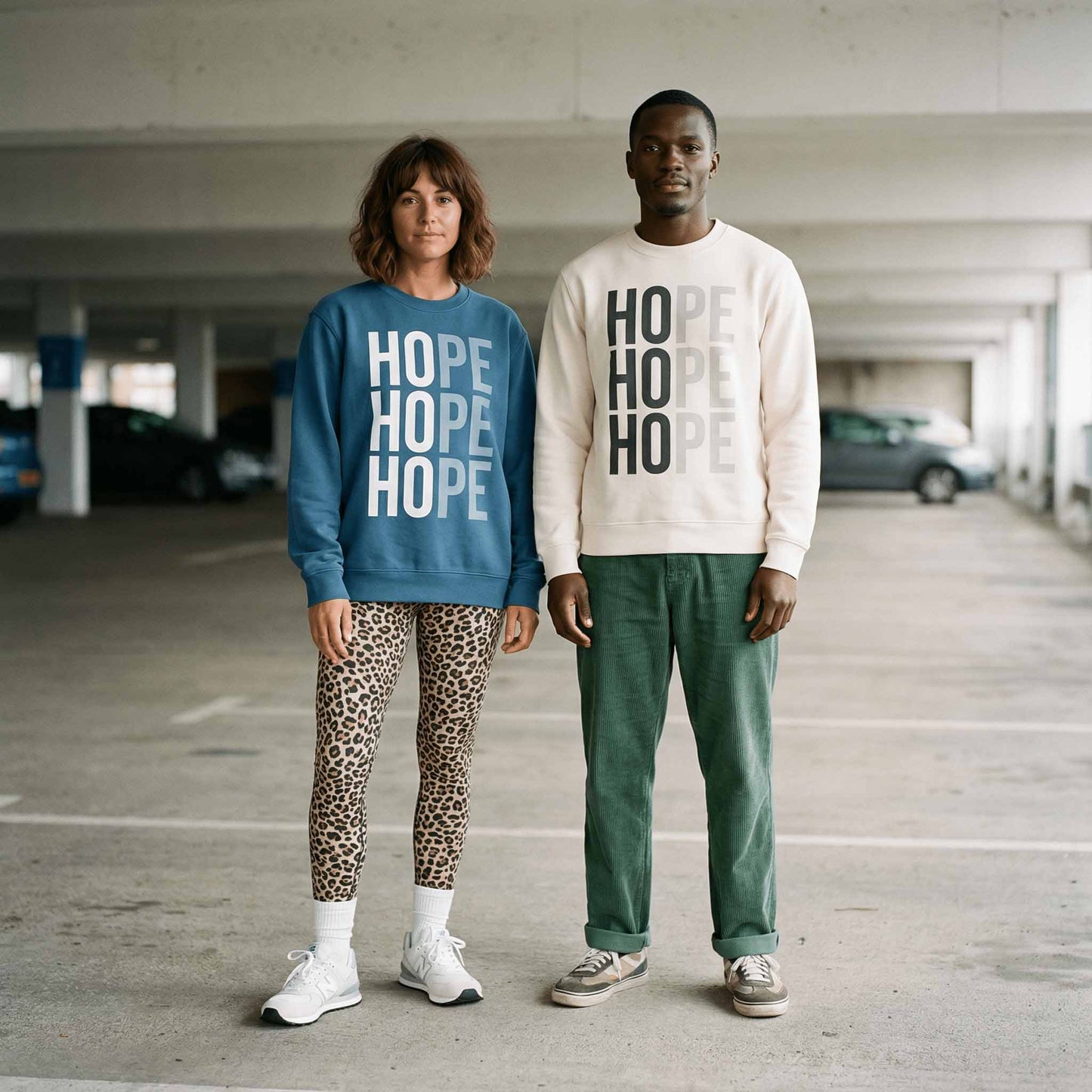 Woman wearing blue Hope charity sweatshirt, with leopard leggings and trainers, and man wearing Ivory Hope swetshirt and green cords,  standing  in a car park