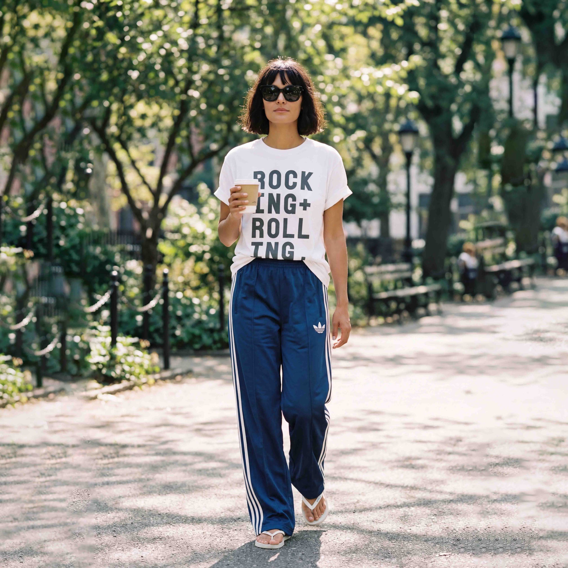 Woman wearing white Rocking + Rolling tshirt, styled with blue adidas firebird track pants and white flip flops