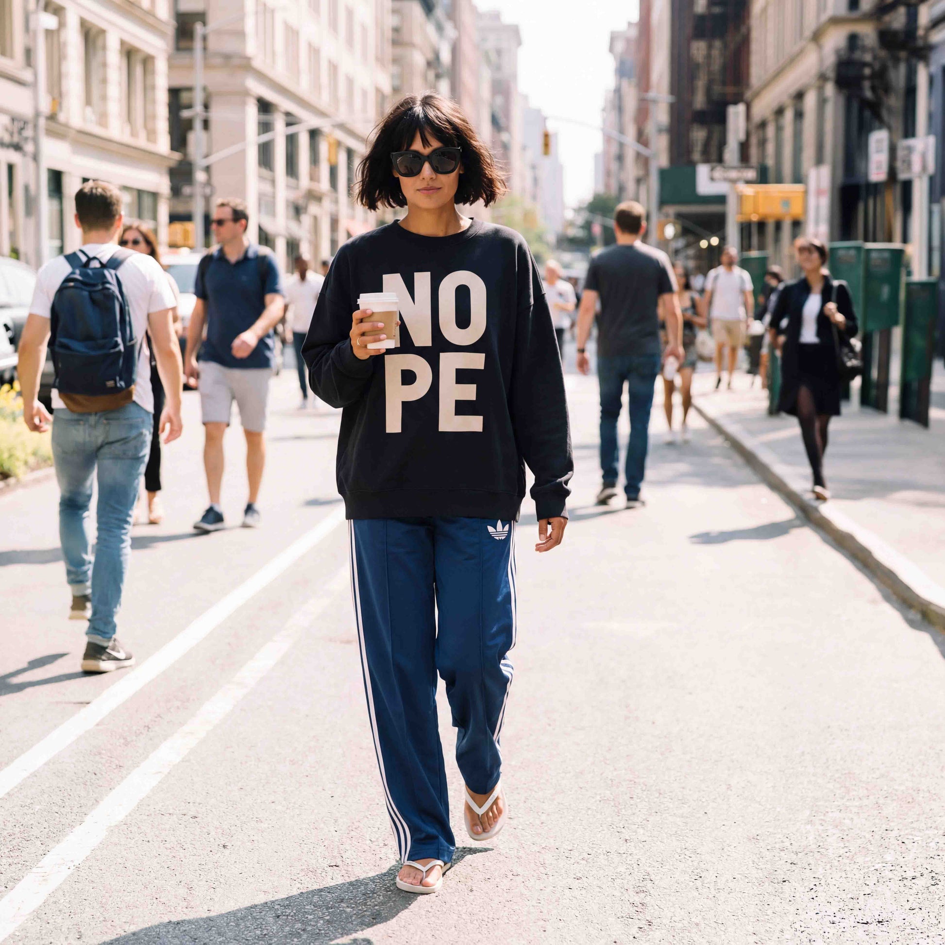 Woman walking down street with black oversized NOpe sweatshirt, styled with blue adidas firebird track pants and flip flops
