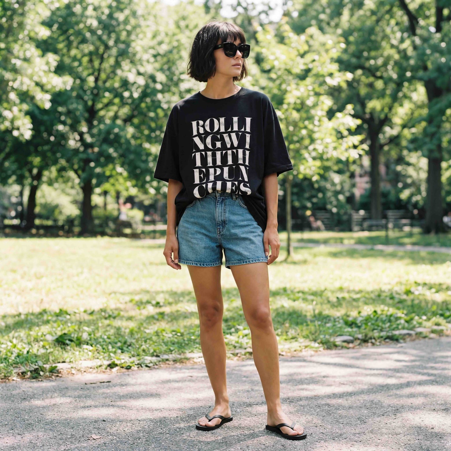 Model with black hair and sunglasses wearing a black oversized Rolling with the punches t-shirt, with denim shorts and flip-flops in the park. 