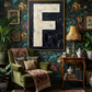 Letter F oil paint art print framed in brass styled on   a maximalist styled wall paper and interior, with green velvelt chair.  