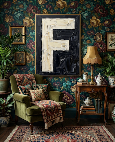 Letter F oil paint art print framed in brass styled on   a maximalist styled wall paper and interior, with green velvelt chair.  