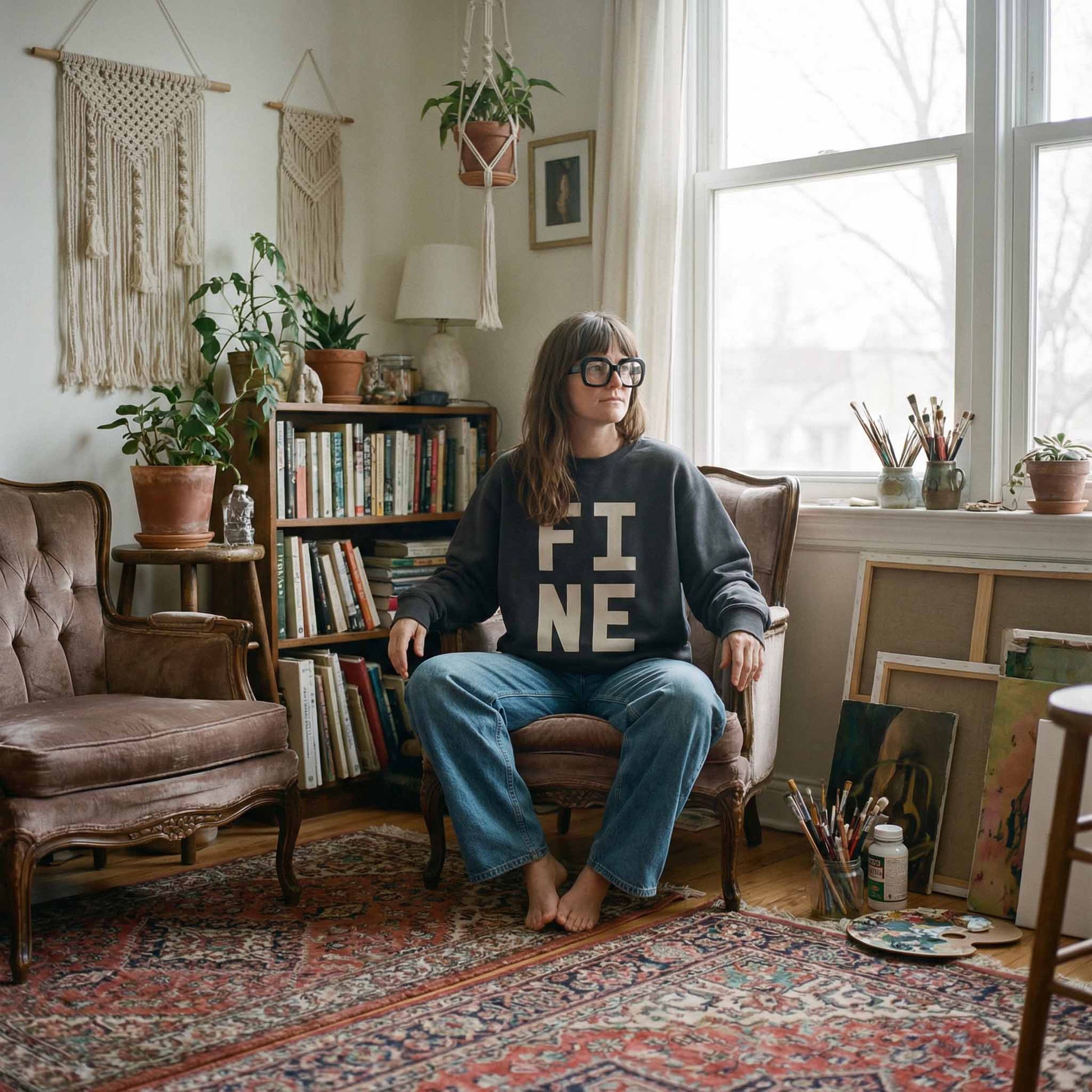 Woman with glasses wearing black coloured  bold typographic designed sweatshirt, with 'FINE' in white.Styled in a living room with plants. 