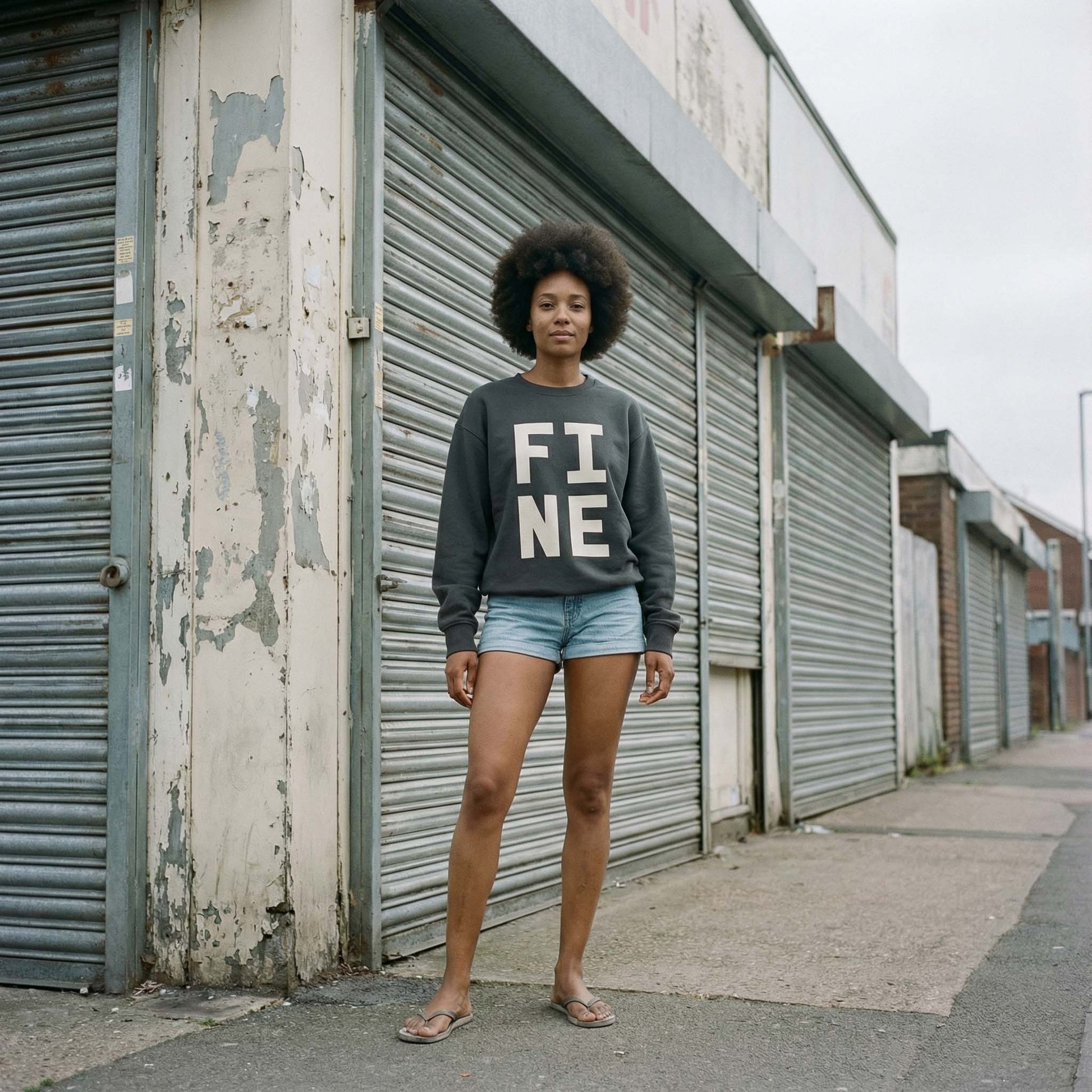 Woman with afro wearing black coloured  bold typographic designed sweatshirt, with 'FINE' in white. Photographed on a corner of a street with shop shutters behind. 
