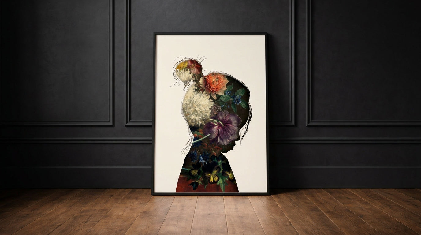 Little Peach silhouette portrait in a stunning floral painted design, framed in black wood, leaning against a dark wall with ornate paneling. 