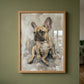 Custom painted French Bulldog pet portrait in a natural oak frame, featuring a hand-painted style artwork on a muted green wall.