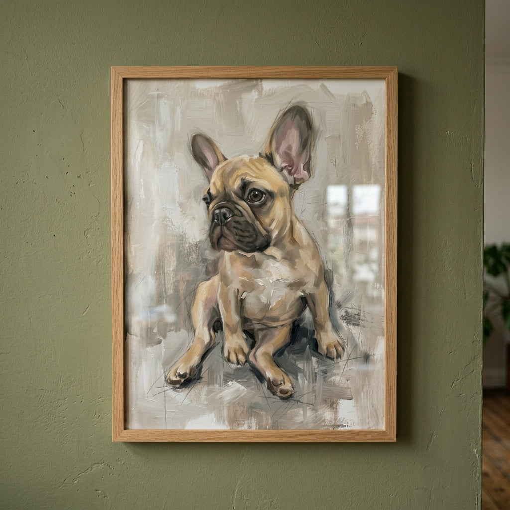 Custom painted French Bulldog pet portrait in a natural oak frame, featuring a hand-painted style artwork on a muted green wall.