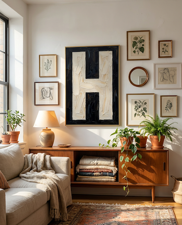 Letter H oil paint art print framed in brass on a gallery wall styled on   a mid century sideboard interior with large window