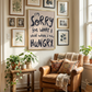 Gallery wall featuring large Hangry wall art print, soft oil painted letters in charcoal colour on stone background.  Quote says "I'm sorry for what I said when I was hungry"