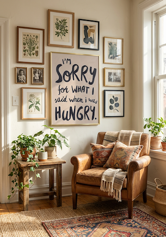 Gallery wall featuring large Hangry wall art print, soft oil painted letters in charcoal colour on stone background.  Quote says "I'm sorry for what I said when I was hungry"