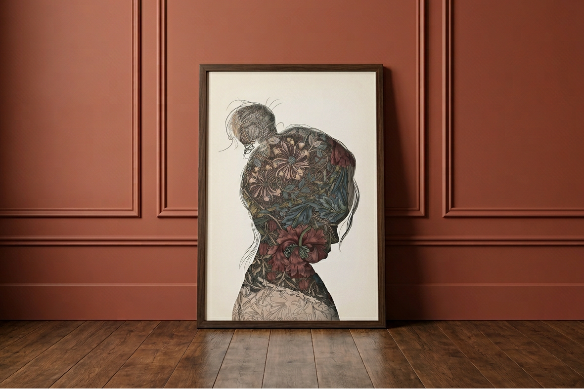 Silhouette portrait of little girl created with William morris sketch pattern inside. Framed in dark oak and leaning against a clay coloured panelled wall. 