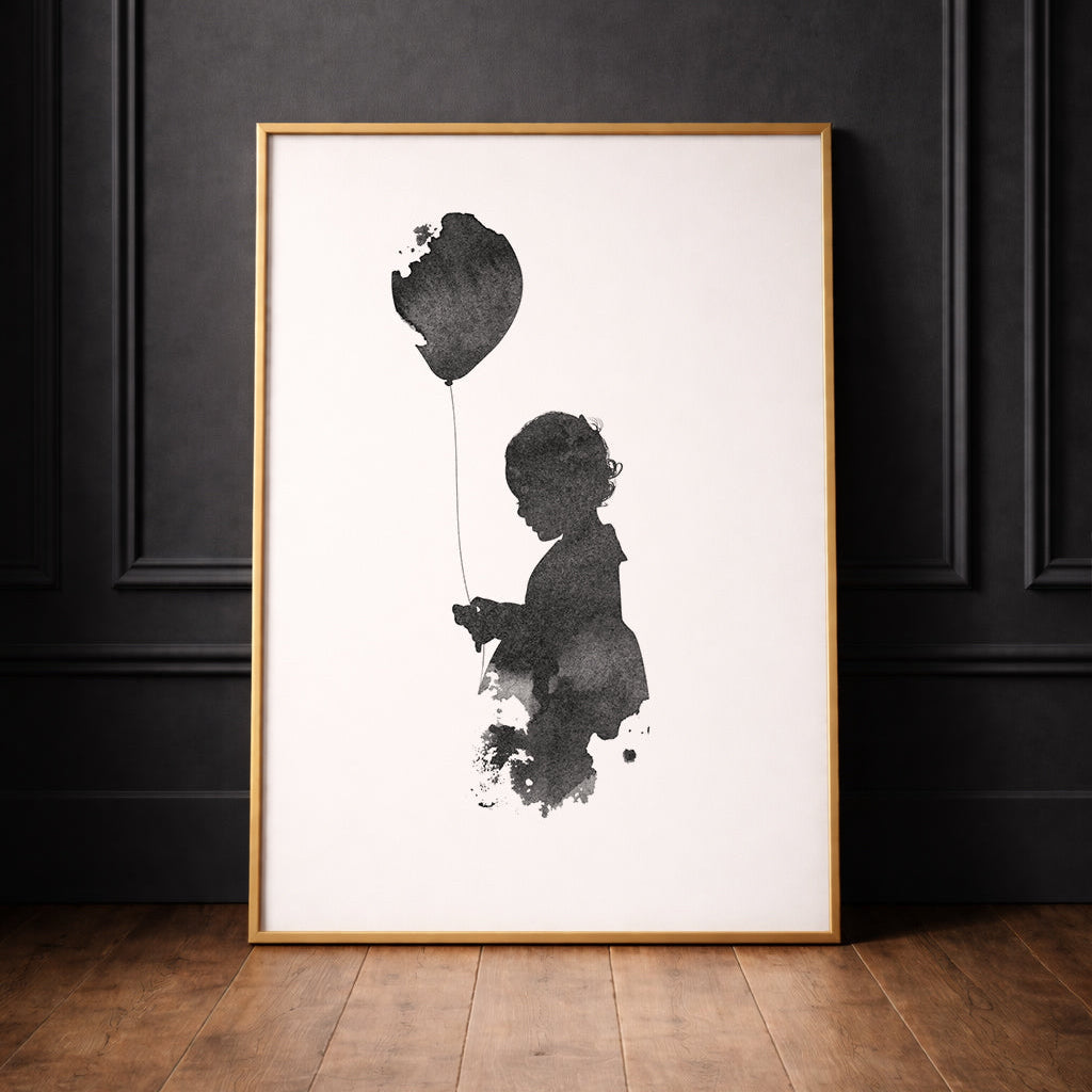 Modern ink silhouette personalised portrait of girl and a balloon. Framed, and leaning against a black panelled wall. 